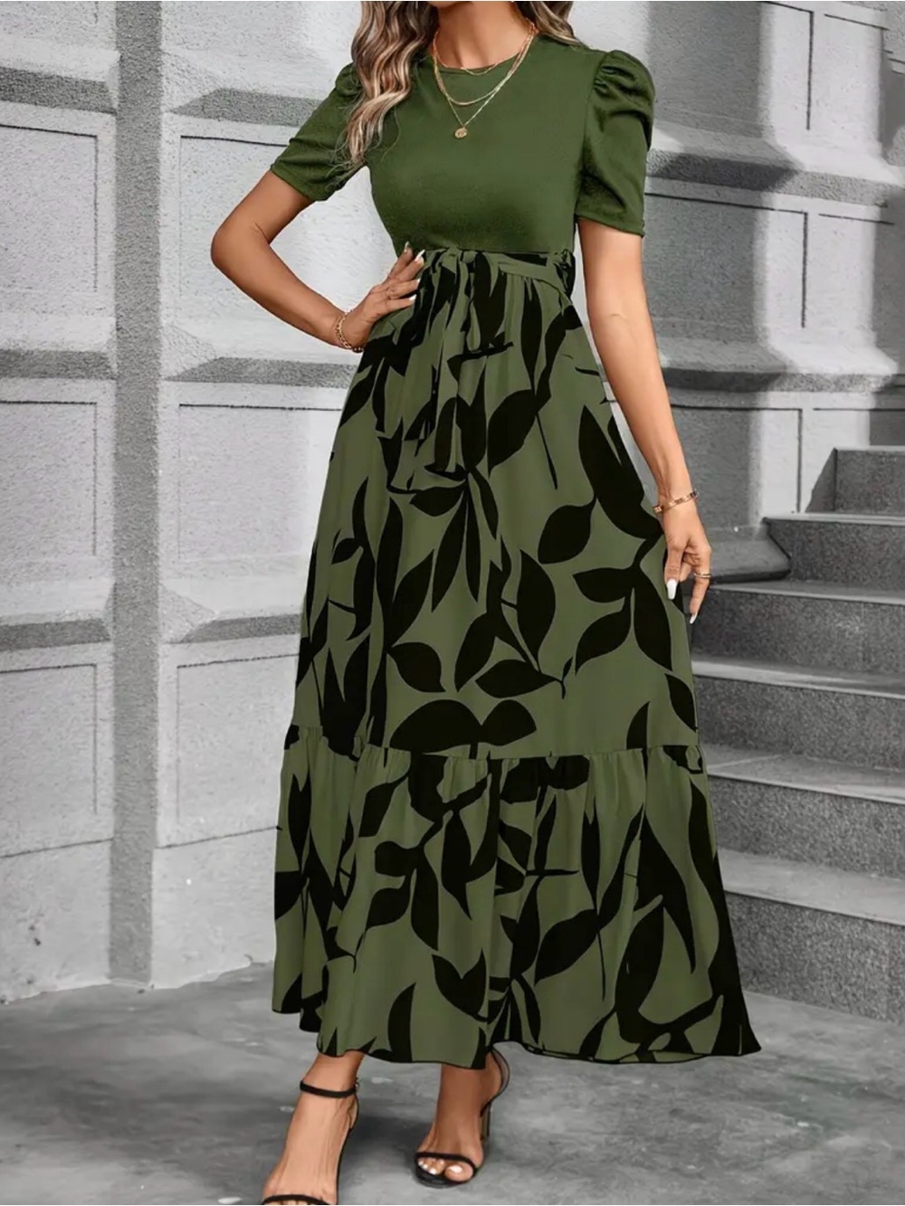 Olive Green Leaf Print Puff Sleeve Maxi Dress